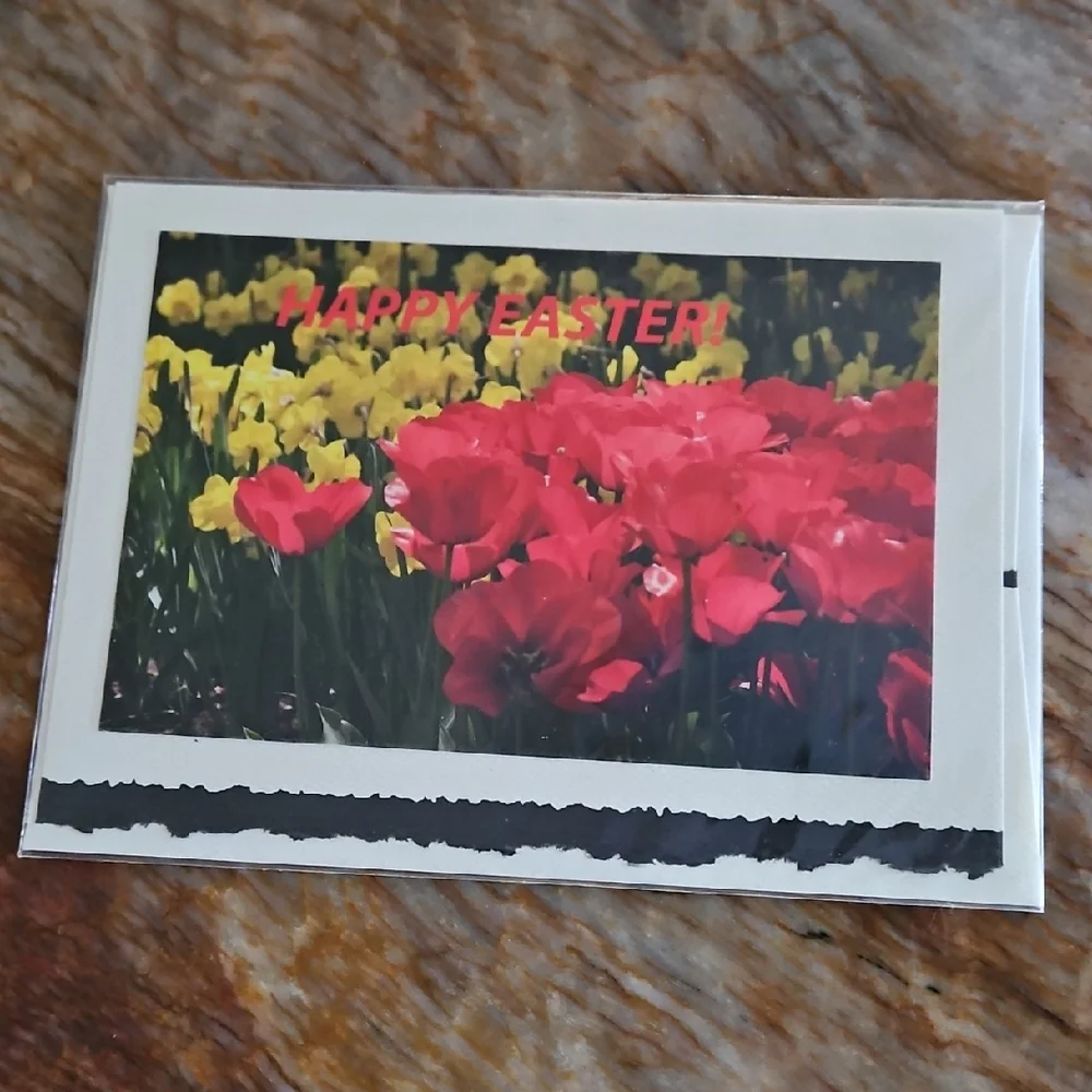Happy Easter Greeting Card with Red and Yellow Flowers NEW